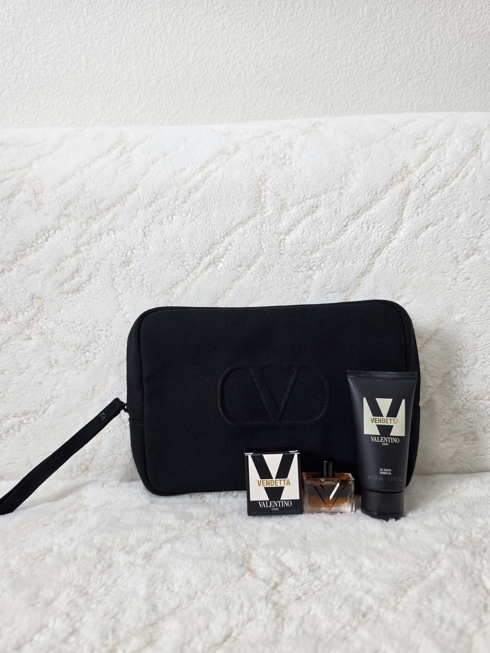 Valentino Black Men’s Wristlet Pouch with Vendetta Fragrance Kit.